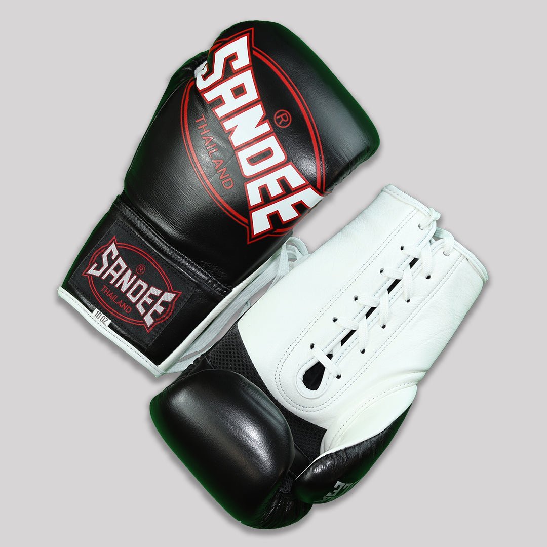 Sandee Cool - Tec Lace Up Pro Fight Leather Boxing Gloves - Black - Stone Fight Shop