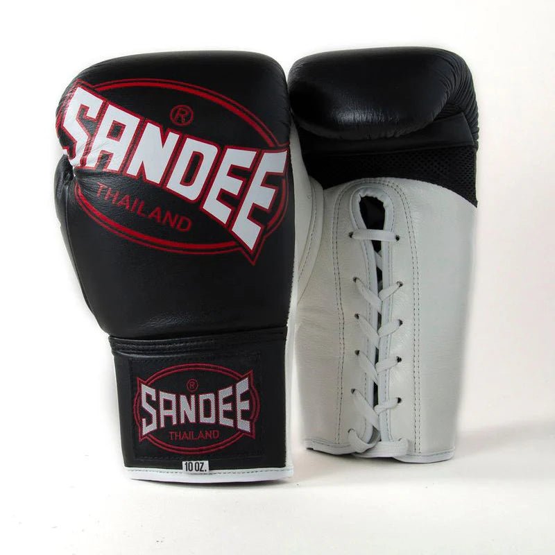 Sandee Cool - Tec Lace Up Pro Fight Leather Boxing Gloves - Black - Stone Fight Shop