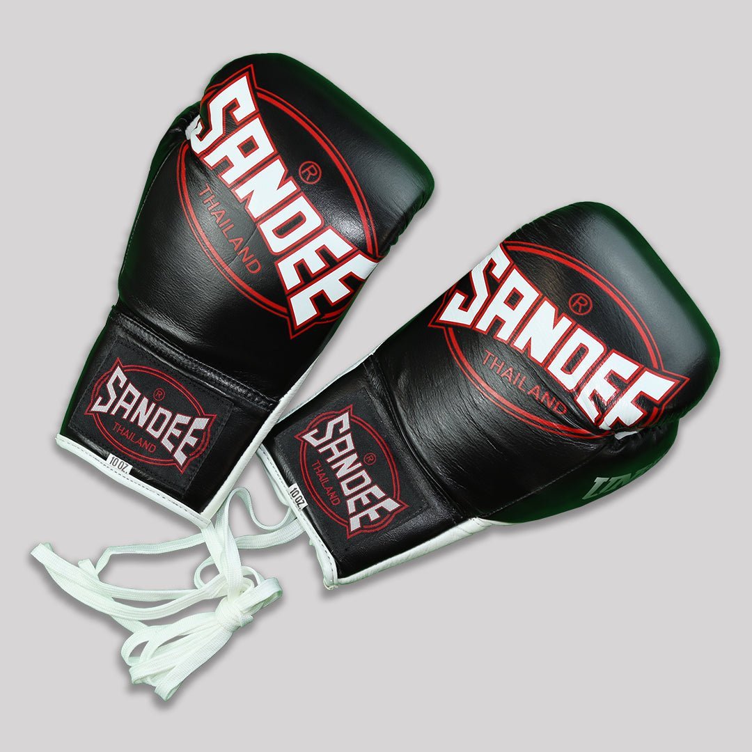Sandee Cool - Tec Lace Up Pro Fight Leather Boxing Gloves - Black - Stone Fight Shop