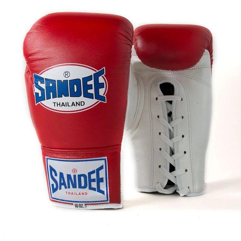 Sandee Authentic Lace Up Pro Fight Boxing Gloves - Red & White - Stone Fight Shop