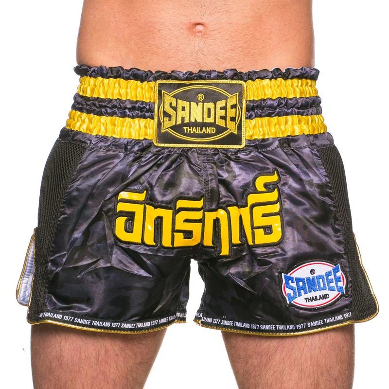 Sandee Thai Shorts - Supernatural Power - Black/ Carbon/ Gold - Stone Fight Shop