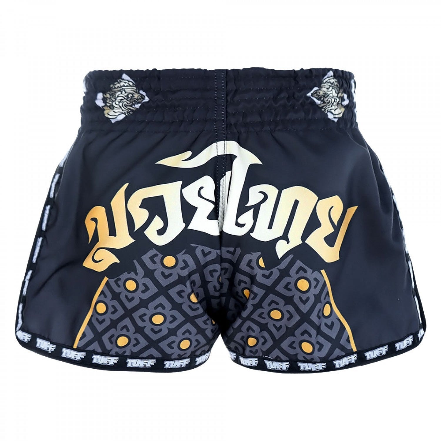 TUFF Muay Thai Shorts Retro Style Black Singha Yantra with War Flag - Stone Fight Shop