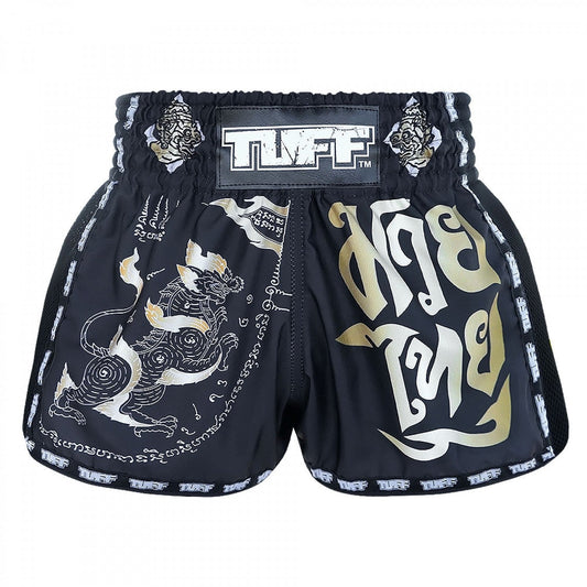 TUFF Muay Thai Shorts Retro Style Black Singha Yantra with War Flag - Stone Fight Shop