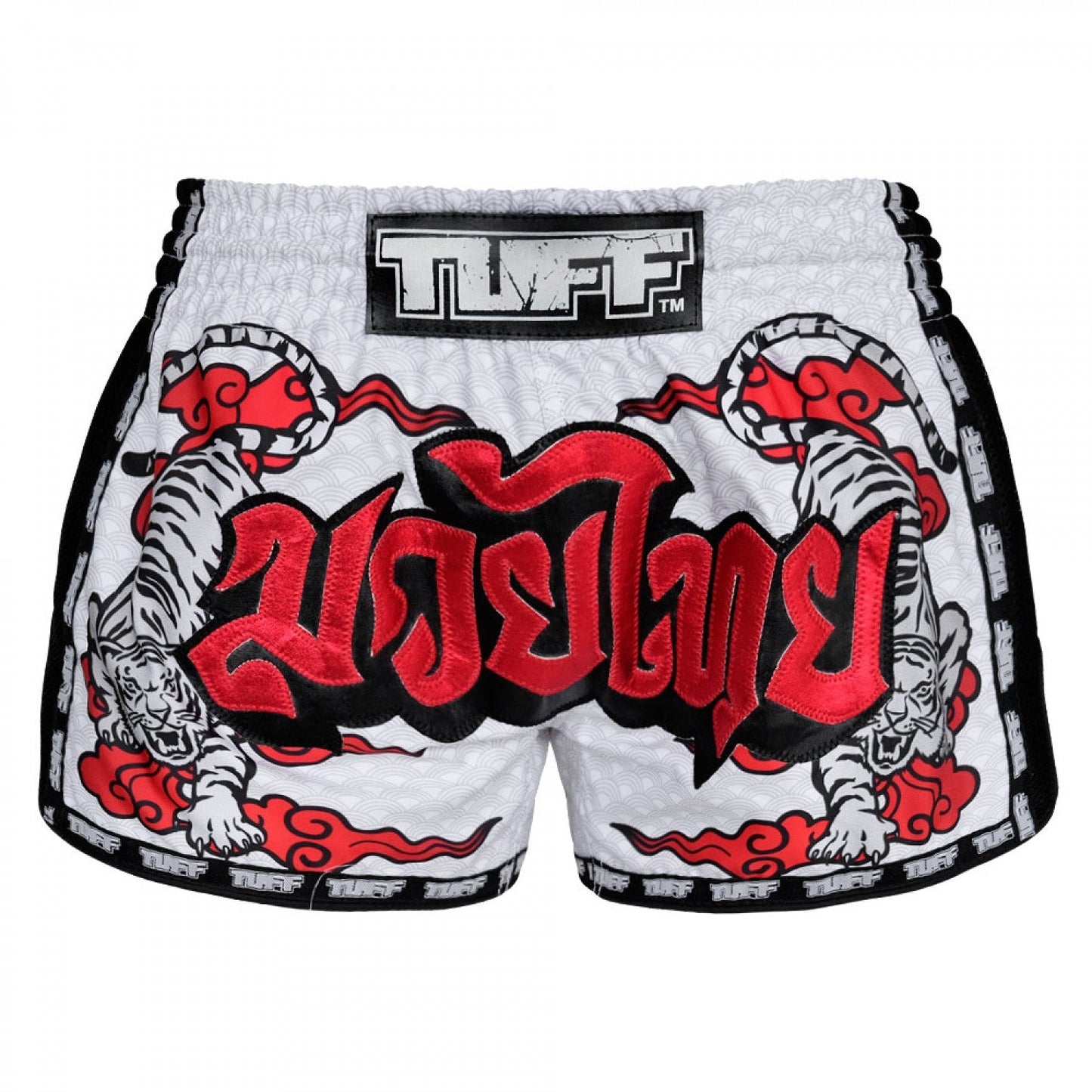 TUFF Muay Thai Shorts White Double Tiger with Red Text - Stone Fight Shop