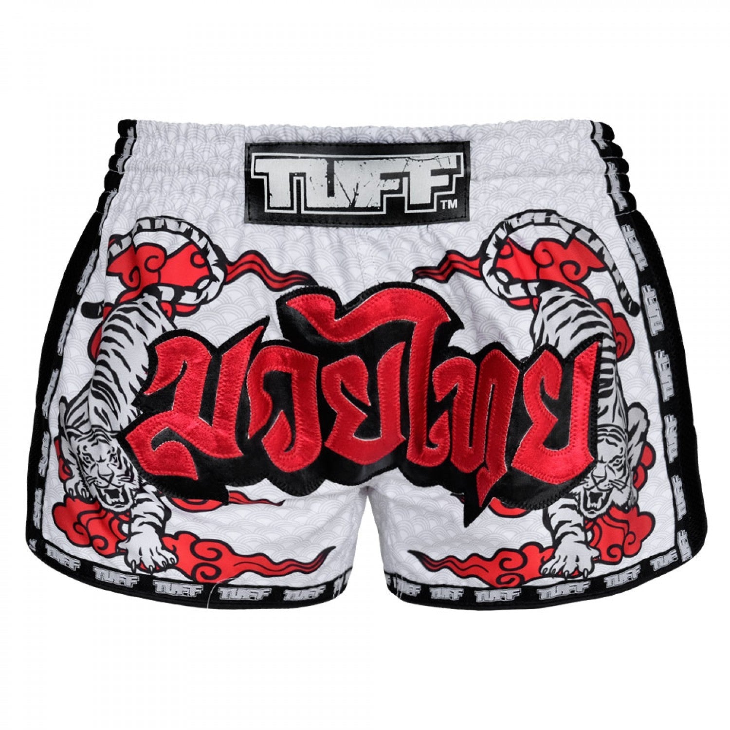 TUFF Muay Thai Shorts White Double Tiger with Red Text - Stone Fight Shop