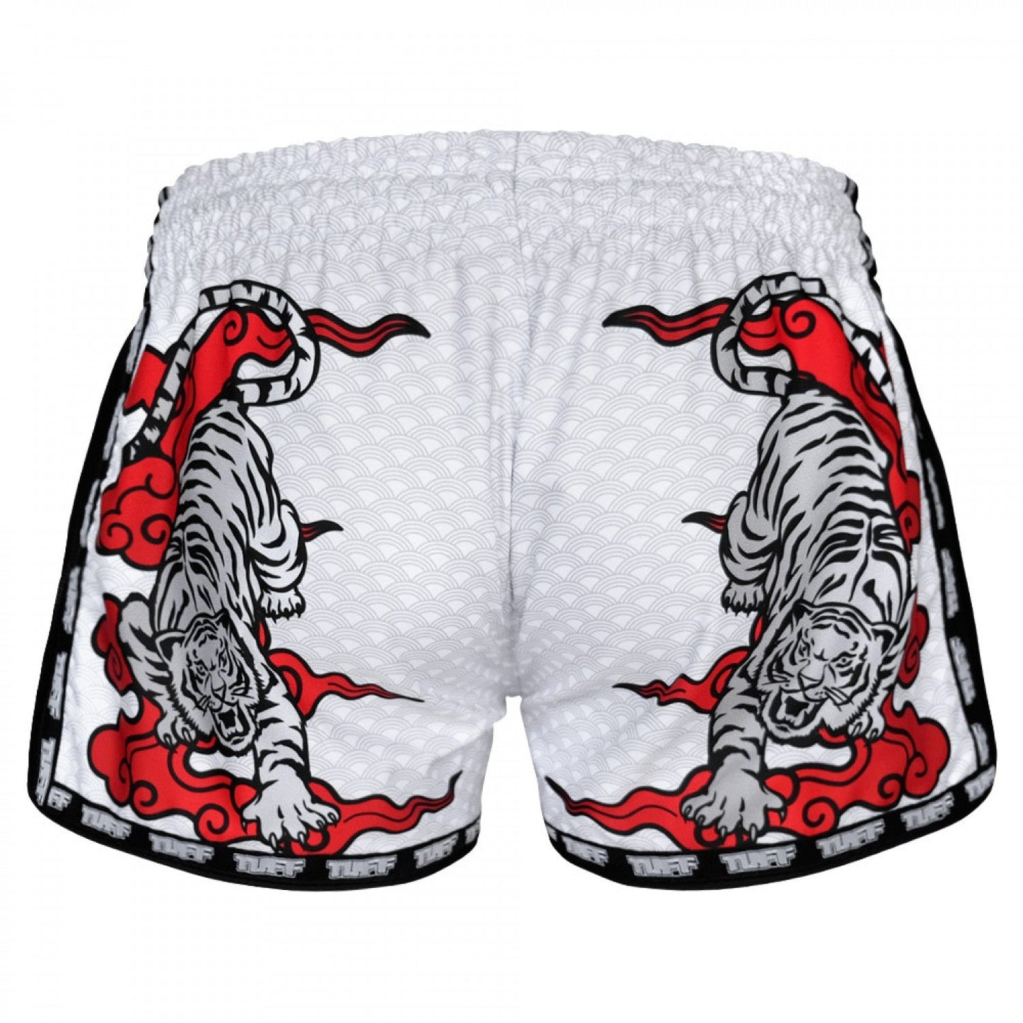 TUFF Muay Thai Shorts White Double Tiger with Red Text - Stone Fight Shop