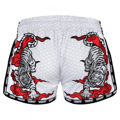 TUFF Muay Thai Shorts White Double Tiger with Red Text - Stone Fight Shop