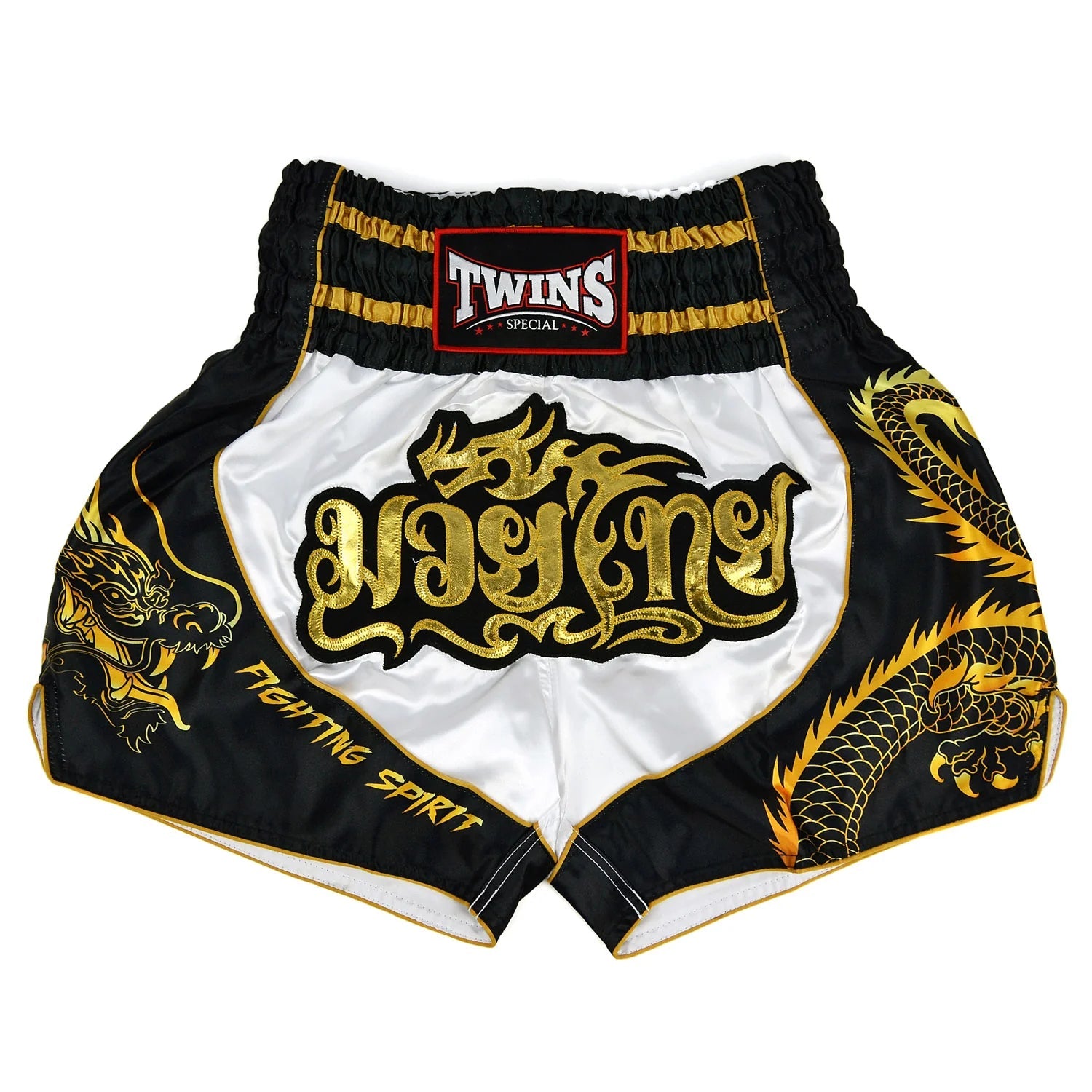 Twins Special Muay Thai Shorts - Dragon White - Black - Stone Fight Shop