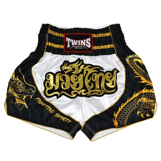 Twins Special Muay Thai Shorts - Dragon White - Black - Stone Fight Shop