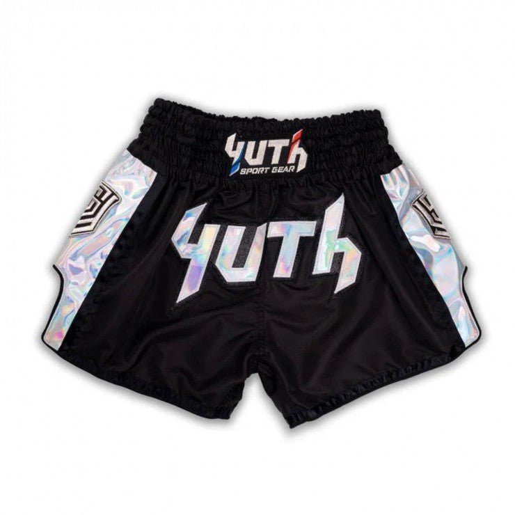 Yuth Hologram Muay Thai Shorts Black - Silver - Stone Fight Shop