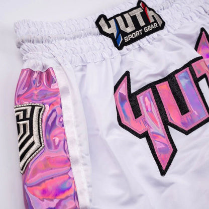 Yuth Hologram Muay Thai Shorts White - Pink - Stone Fight Shop